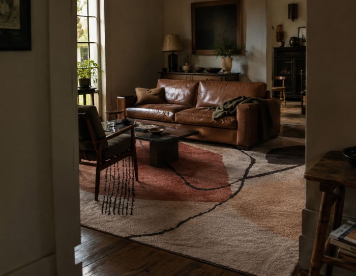 orange carpet for brown leather sofa